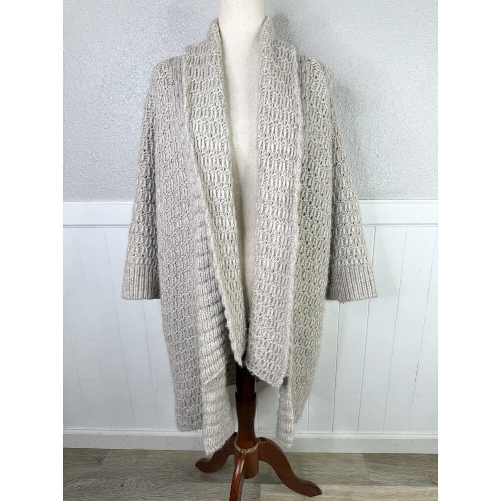 Ann Taylor Loft Cardigan M Oatmeal Front Long Wool Alpaca Chunky Knit Cottage